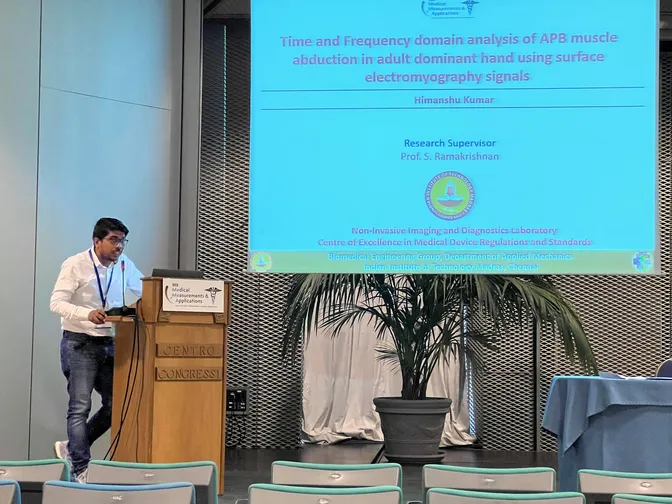 Himanshu Kumar giving an oral presentation at a podium at IEEE MeMeA 2022